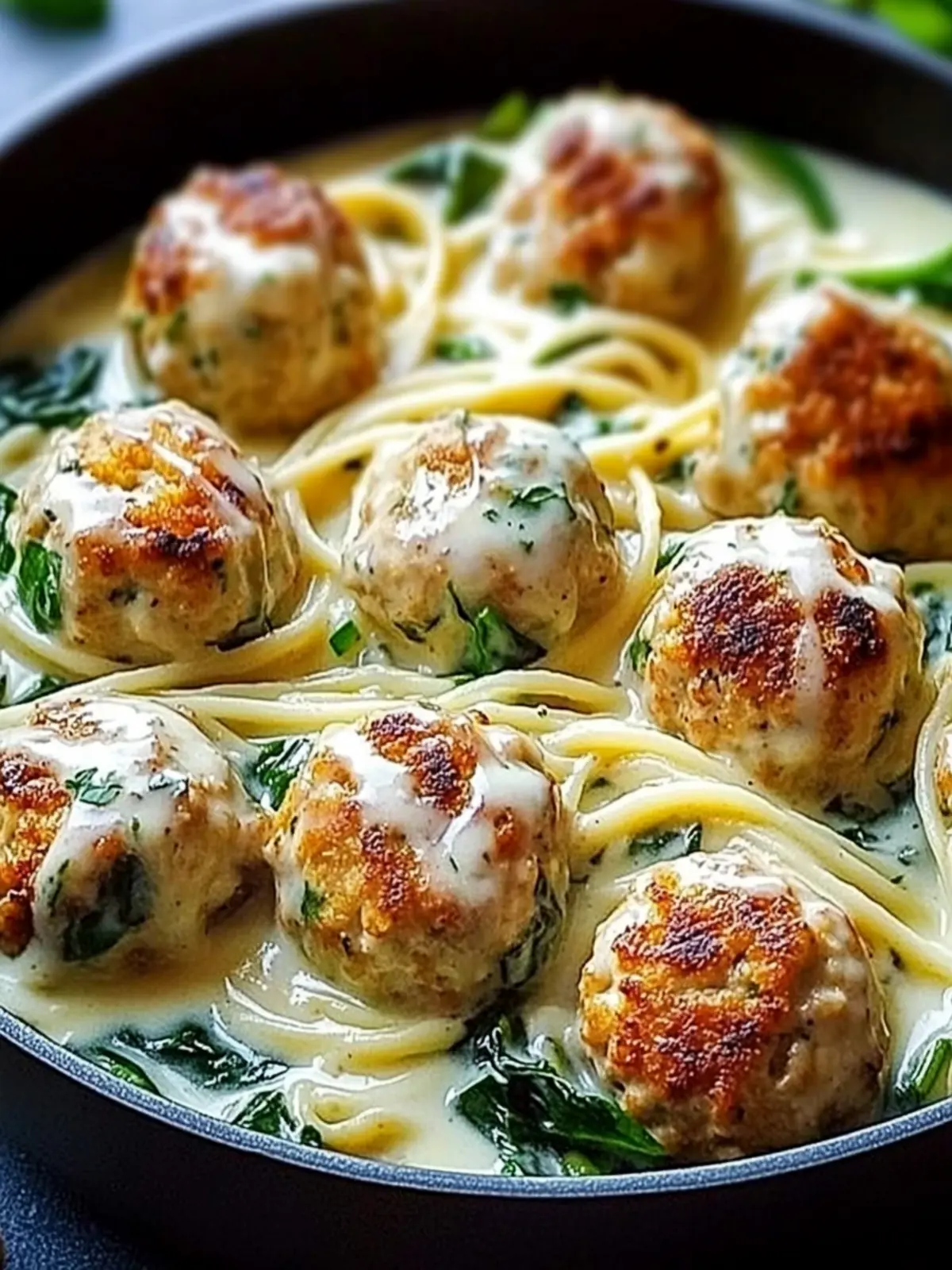 Ultimate Golden Chicken Ricotta Meatballs in Creamy Spinach Alfredo