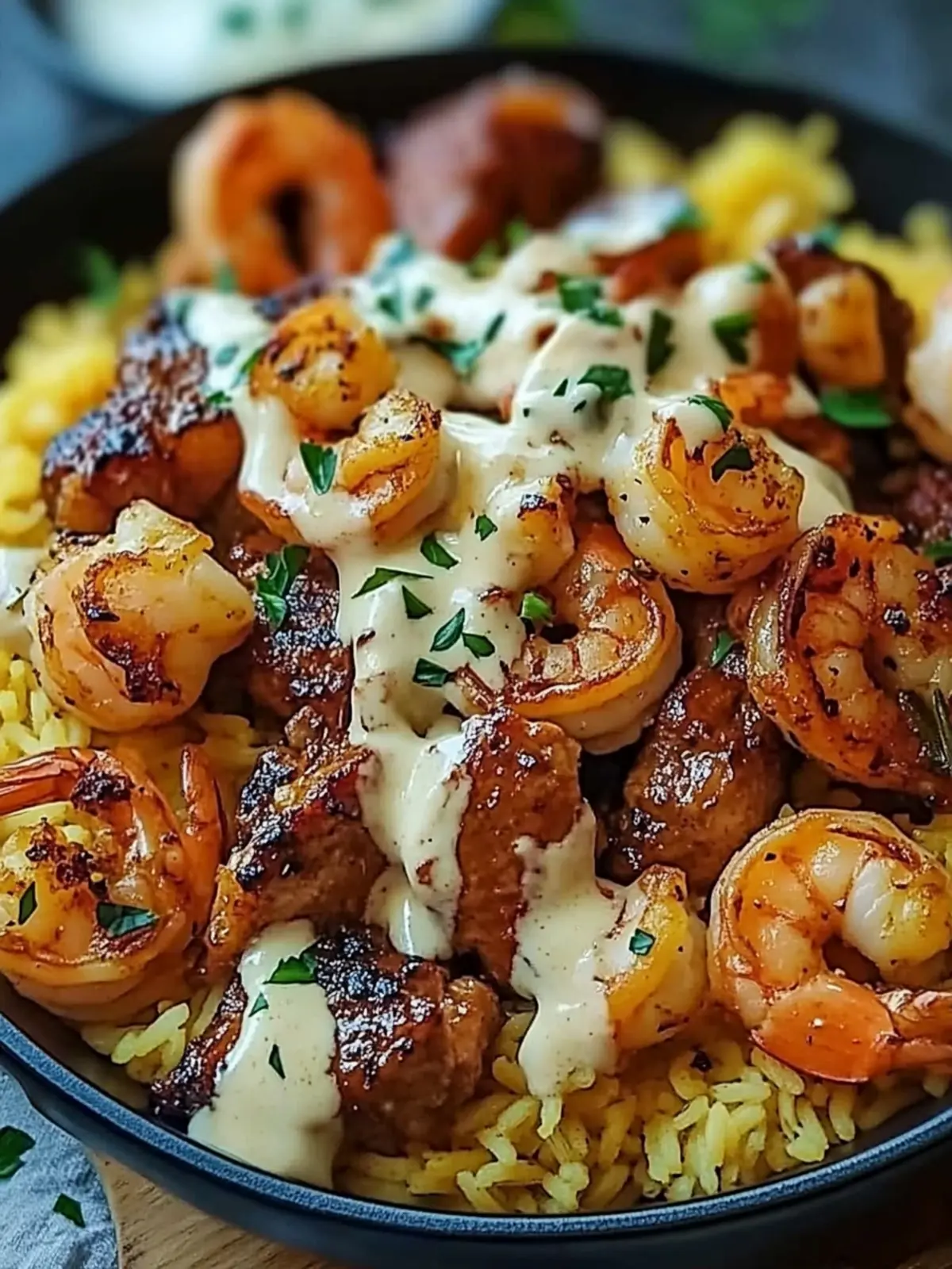 Easy Homemade Jerk Steak and Shrimp Over Tropical Yellow Rice